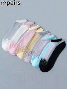 1/6/12 Pairs (Random Mix) Fashion Sweet Women's Socks, Lace Trim Design, Comfortable Transparent Short Socks, Essential For Spring And Summer Outings - Multicolor - View 10