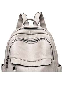 Women's High-Quality PU Leather Large Capacity Backpack, Suitable For Teenage Girls' School Backpack, Travel Backpack, Designer - Light Grey - View 8
