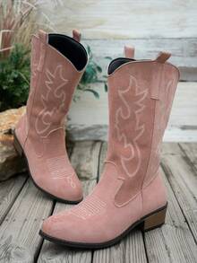 Women's Autumn/Winter Fashion Embroidered Faux Suede Pink Western Boots, Pointed Toe Chunky Heel V-Cut Over-The-Knee Long Boots, Cowboy Boots, Western Style Embroidered Holiday Edition - Pink - View 5
