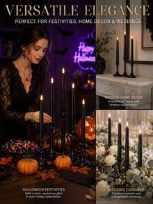 3/6/12/24 Pcs Halloween Flameless Taper Candles Black Candles Battery Operated LED 3D Wick Flickering For Halloween Table Decorations - Kuroko - View 5