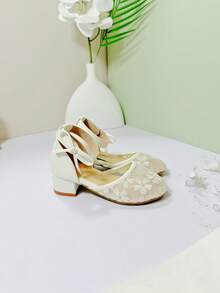 Sepatu Hak Tinggi Nyaman Berujung Bulat Berbahan Jala untuk Anak Perempuan, Sepatu Putri Serbaguna untuk Pemakaian Sehari-hari - Putih - View 11