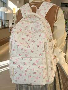 New Back To School Season Fashion Printed Women's Backpack, Multi-Compartment Pocket Design, Thickened Student Backpack, Waterproof Backpack, With Teddy Bear Pendant Accessory, Large Capacity - White - View 6
