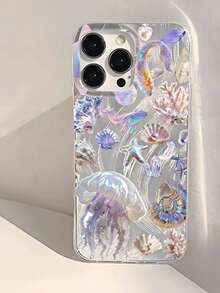 1件裝彩色海星貝殼水母藝術彩繪圖案 高質感羽毛薄紗 IMD 全包防摔時尚手機殼 相容 iPhone 17 16 15 14 13 12 11 Pro Max/Plus 7/8/Air 防指紋保護殼 - 彩色 - 查看 2