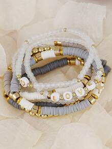 7Pcs Elastic Stackable Heishi Beaded Bracelet Set, LOVE Letter & Cross Charm Jewelry, Gray White Gold Bracelets For Daily Wear & Party - Multicolor - View 3