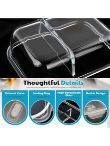 1040ml High Borosilicate Glass Lunch Box With Lids, 2 Compartment Bento Food Storage Container, Microwave & Refrigerator Meal Prep Containers, Easy Clean Kitchen Storage Organizer, Snack Box For Office, School, Picnic & Camping - Clear - View 4