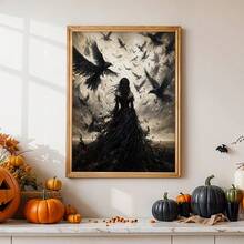 1pc Canvas Wall Art, Framed Wall Decor, Vintage Gothic Style Crows And Black Clothed Woman Canvas Painting, Dark Academia Atmosphere Oil Painting Print, Thriller Dark Pastoral Style Modern Home Decor, Room Decor, Dorm Decor, Bedroom Decor, Bathroom Decor, Kitchen Decor, Dining Room Decor, Living Room Decor, Office Decor, School Decor, Classroom Decor, Back To School Decor - Raven Girl - View 6