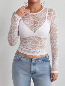 Women's Sheer Lace Round Neck Long Sleeve Top, Elegant Knitted Fabric Blouse - White - View 5