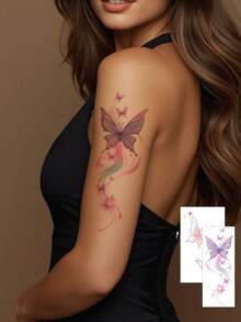 2 piezas de pegatinas de tatuaje temporal con mariposa de cinta fluida degradada arcoíris, tatuaje falso de acuarela pastel suave estilo coquette, decoración corporal romántica y dulce resistente al agua, tatuajes temporales a juego para el brazo superior de niñas, viral en Ins - Multicolor - Ver 1