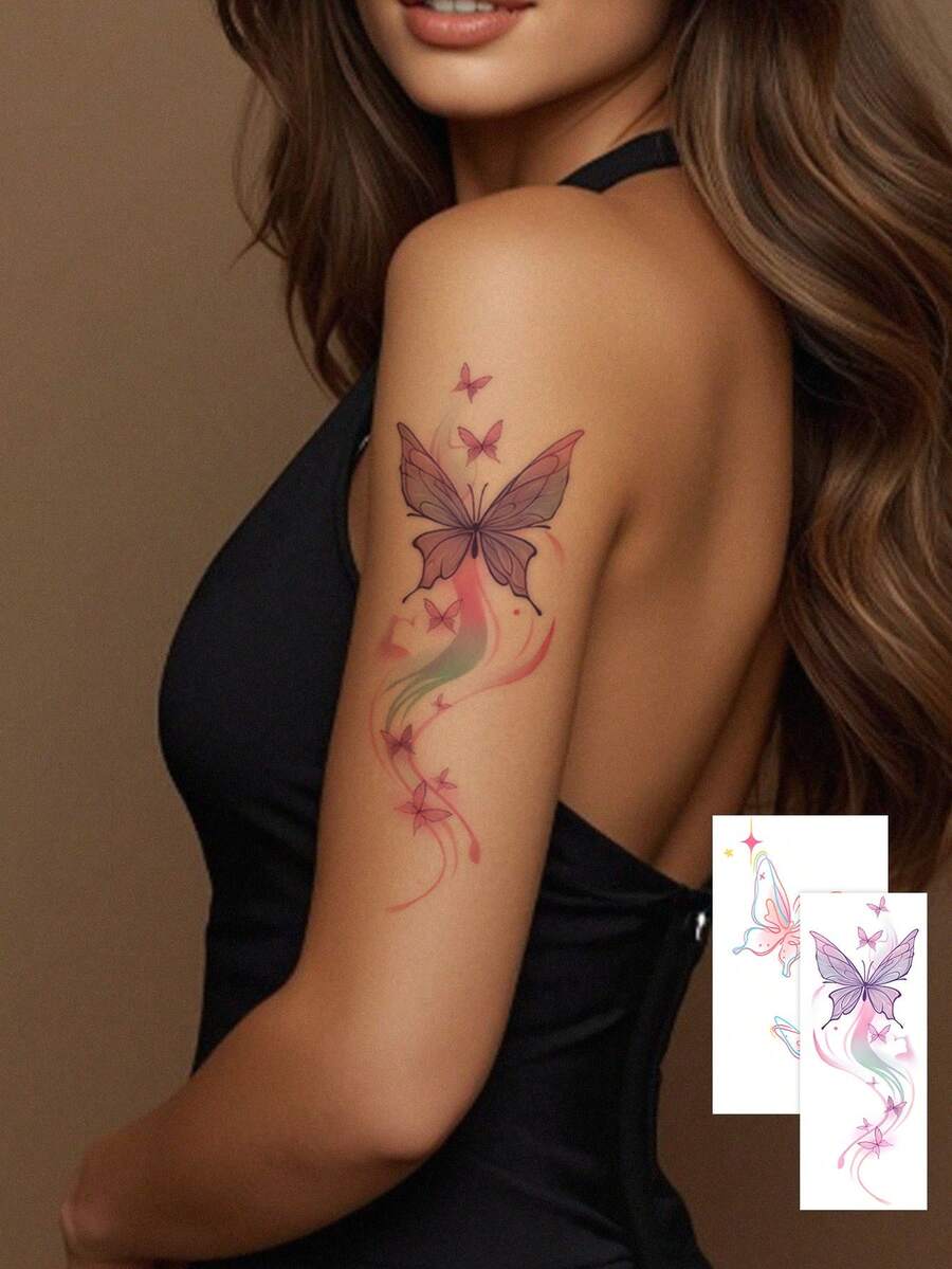 2 piezas de pegatinas de tatuaje temporal con mariposa de cinta fluida degradada arcoíris, tatuaje falso de acuarela pastel suave estilo coquette, decoración corporal romántica y dulce resistente al agua, tatuajes temporales a juego para el brazo superior de niñas, viral en Ins - Multicolor - Ver 1