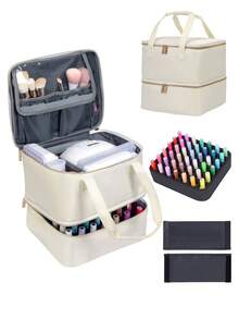 Organizador de Esmalte de Uñas de Mano de Doble Capa, Bolsa Organizadora de Cosméticos para Niñas y Mujeres, Arte de Uñas, Aceites Esenciales, Juego de Cosméticos, Uso Diario y de Viaje - 0142 - Blanco roto - Ver 2