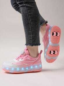 Zapatos con ruedas recargables con luz LED para niñas, patines multifuncionales transformables con ruedas desmontables, adecuados para todas las estaciones - Rosa - Ver 3