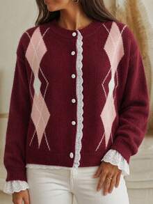 Atasan Rajut Patchwork Renda Kancing Tunggal Jacquard Argyle Ukuran Plus - Merah - View 2