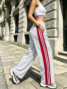 Women's White Wide Leg Drawstring Side Stripe Long Pants, Polyester Non-Stretch Long Pants With Pockets, Suitable For Casual Autumn Wear - Light Grey - View 5