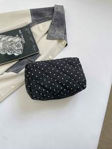 時尚多功能絎縫刺繡格紋加厚化妝包，學生鉛筆袋，波點圖案，休閒手提包，保暖羽絨填充小包 - 黑色 - 查看 6