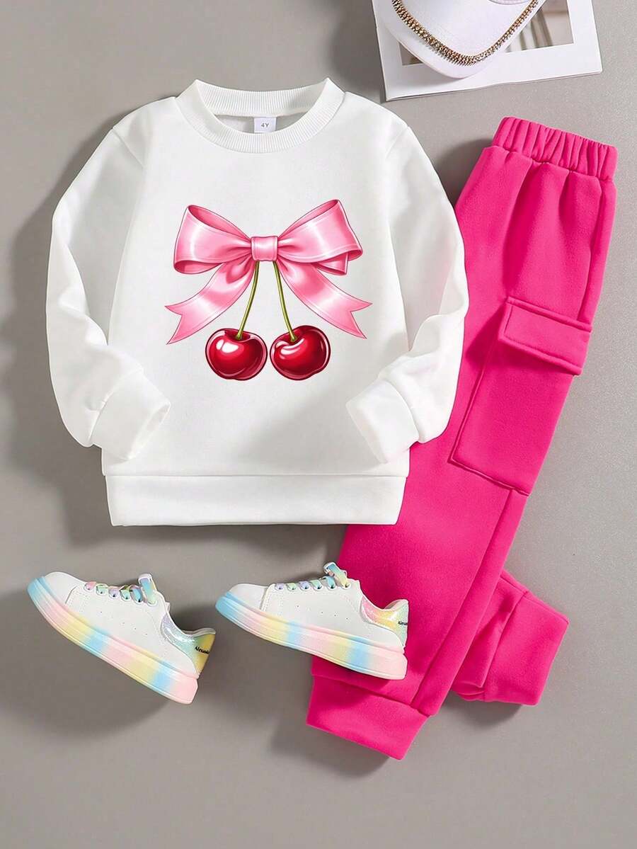 Tween Girls Bow & Cherry Print Crew Neck Sweatshirt And Pants - White - View 1