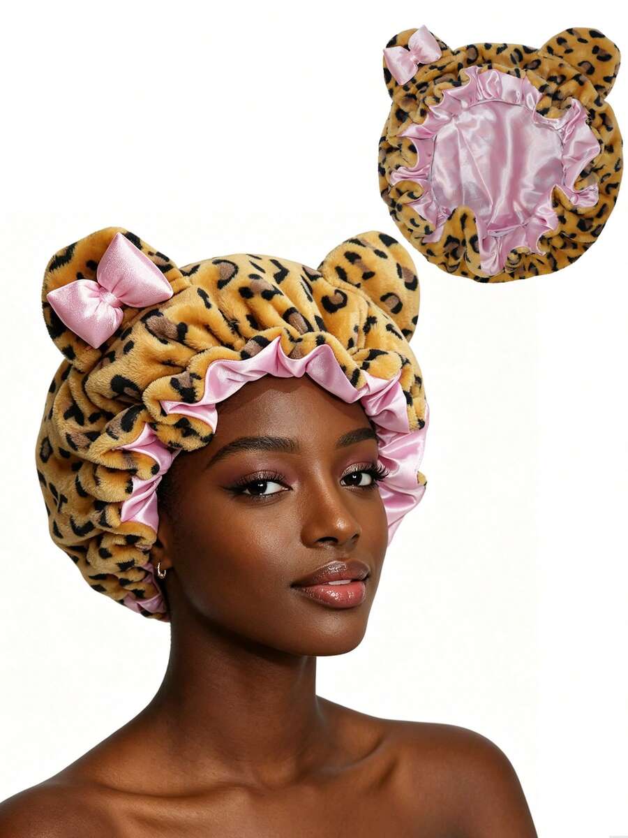 Women Cute Leopard Bear Ear Satin Lined Sleep Bonnet, Soft Plush Hair Wrap Cap For Curly Natural Hair Night Care - Multicolor 1pc - View 1