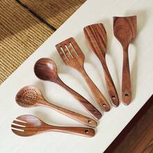 6pcs Wooden Cooking Utensil Set, Apartment Essential. Kitchen Wooden Non-Stick Cookware Set. High Quality New Home Gift. Daily Use. - Wood Color - View 7