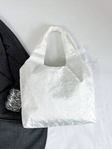韓系清新蕾絲花卉帆布女款大容量單肩托特包 通勤腋下包 - 白色 - 查看 4