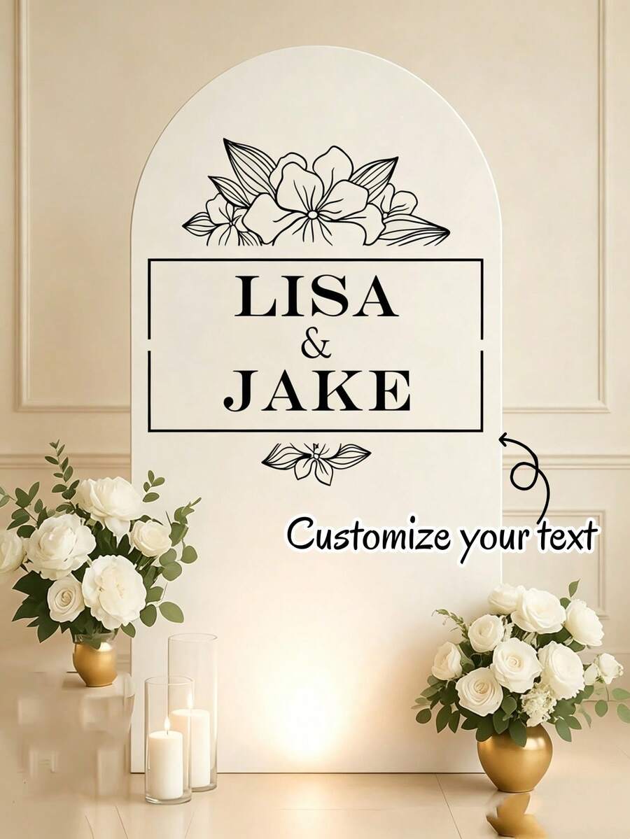 Custom Wedding Mirror Decoration Sticker, Personalized Newlywed Name Vinyl Sticker With Floral Design, Removable Decoration For Wedding Ceremony, Reception Area, Welcome Sign, Photo Booth, Bridal Shower - Multicolor - View 1