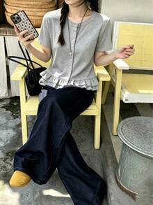 俏皮荷葉邊圓領短袖T恤，日系復古女孩風百搭寬鬆上衣，夏季休閒服飾 - 淺灰色 - 查看 4