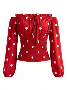 Atasan Wanita Motif Polkadot Tanpa Bahu dengan Detail Kerut, Kasual, Serbaguna untuk Pakaian Sehari-hari, Warna Merah, Cocok untuk Liburan. - Merah - View 4