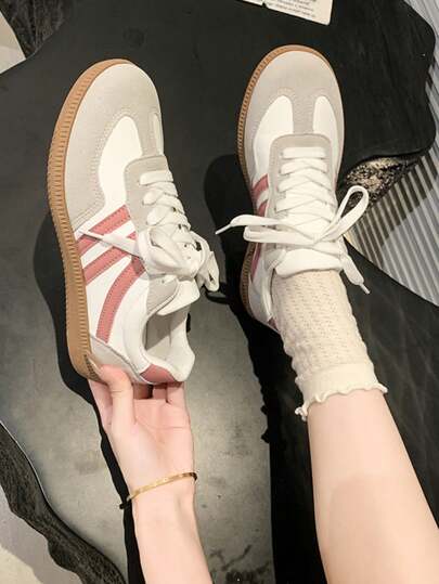 Sodalemon Women's Multifunctional Fashion Casual Shoes Flat Non-Slip Lace-Up Round Toe Rubber Sole Casual Sneakers Pink Beige Colorblock Daily Wear Shoes Casual Shoes 36-41 Sizes Fashion Training Shoes