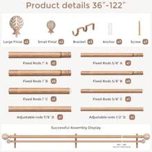 Double Curtain Rod 36-122 Inch, Boho Decorative Long Dual Curtain Rods For Windows, 1" Adjustable Heavy Duty Double Rod, Unique Handmade Imitation Grain Leaf Finial Design - White Wood - View 6