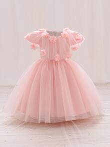 Baby Girl Princess Tulle Dress, 3D Floral Design, Suitable For Flower Girl, Wedding, Performance And Other Occasions - Pink - View 3