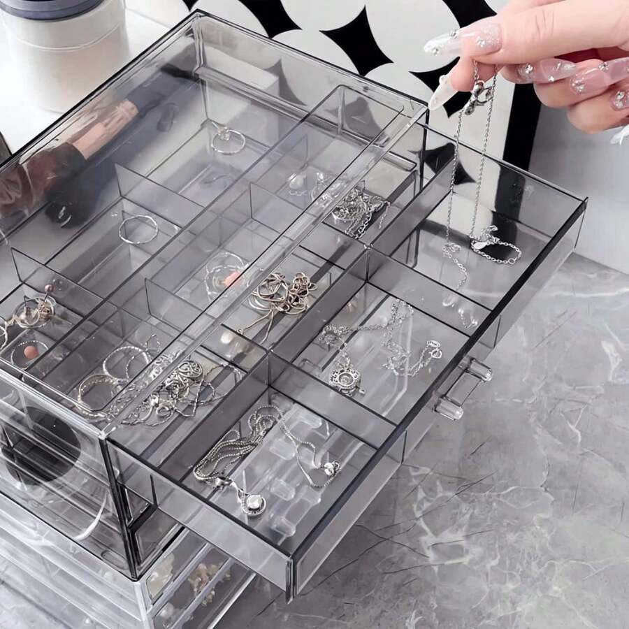 1 khay đựng trang sức acrylic trong suốt màu khói 18 ngăn dạng kéo, có thể xếp chồng, chia ngăn đựng nhẫn và bông tai, khay lưu trữ phụ kiện nhỏ chống bụi dạng mô-đun cho ngăn kéo bàn trang điểm và tủ quần áo, phong cách tối giản sang trọng Ins, quà tặng cho nữ