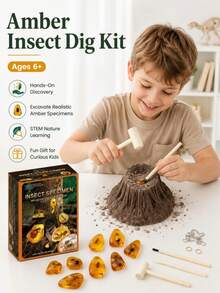 1 Set Amber Insect Fossil Digging Kit, Suitable For 6+ Years Old Children, STEM Natural Science Digging Toy, Includes Plaster Block, Resin Specimen And Tools, Blind Box Treasure Hunt Educational Gift - Multiple Options Available - View 2