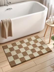 1pc Checkerboard Bathroom Mat, Soft Flocked Non-Slip Bottom Absorbent Comfortable Shower Rug, Machine Washable, Suitable For Sink, Bedroom, Bathroom, Home Decor - Multicolor - View 4