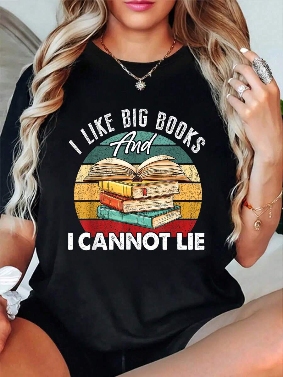 100% Cotton Funny I Like Big Books Librarian Reading Teacher Book Lover T-Shirt Classic Comfort Shirt For Women Graphic Tee Fashion Vacation Tops - Black - View 1