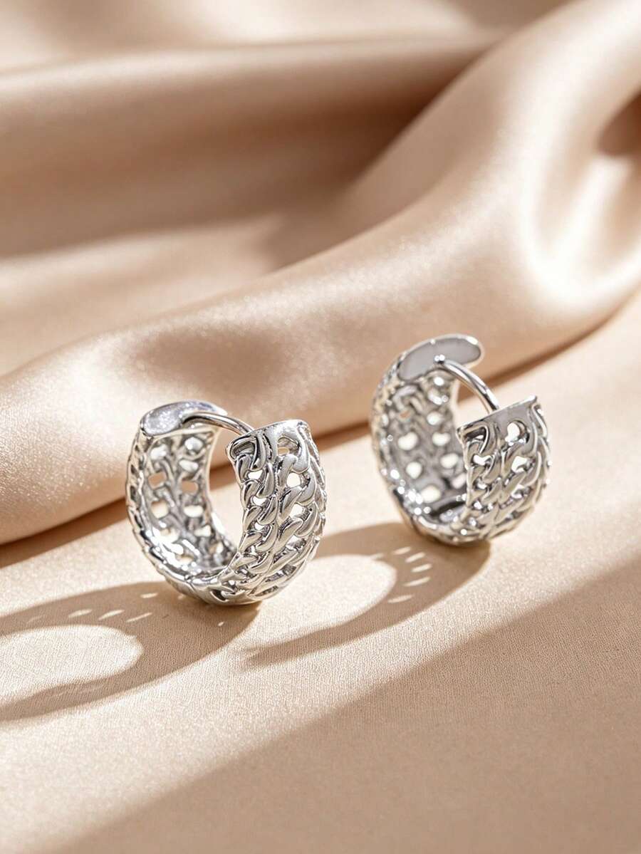 1 Pair Hollow Chain Textured Huggie Hoop Earrings, Vintage Chunky Curb ...