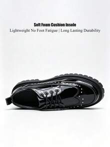 Salkin Sapatos Derby Masculinos de Designer com Cadarço, Sola Tratorada Grossa, Elegantes, Sapatos Sociais de Cavalheiro, Estilo Old Money com Decoração de Rebites, Cor Sólida, Cabedal de Couro Envernizado Macio e Confortável, Sensação de Marca Acessível, Sapatos Casuais para Uso Diário, Volta às Aulas, Estilo Universitário, Sola Grossa com Aumento de Altura, Sapatos Formais para Trabalho, Escritório, Festa, Versáteis, Sapatos de Noivo para Casamento, Presente de Feriado, Primavera, Verão, Outono, Sapatos Masculinos, Por Favor Escolha um Tamanho Maior - Preto - Visão 5