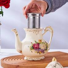 1pc 800/1200ml Ceramic Teapot With Gold Trim Design, Rose/Floral Pattern Optional, British Afternoon Tea Set, Reusable Coffee Pot, Milk Pitcher, Juice Carafe, Cold Water Jug, Suitable For Home, Restaurant, Party, Gift, Afternoon Tea - Multicolor - View 3