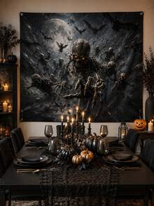 1pc Halloween Skeleton Swarm Backdrop, Full Moon, Flying Bats, Glowing Eyes And Reaching Bone Hand Print Polyester Rectangular Background Cloth With 4 Grommets For Porch, Photo Booth, Haunted House, Horror Party And Fall Decor - Multicolor - View 2