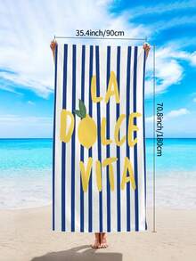 1件時尚藍色條紋大尺寸沙灘巾，檸檬水果「La Dolce Vita」印花，超吸水超細纖維，適合旅行、游泳池、潛水、衝浪、瑜珈、露營、水上派對裝飾，夏季海灘旅行必備泳池配件，度假浴室裝飾節日必需品 - 寶藍色條紋 - 查看 12