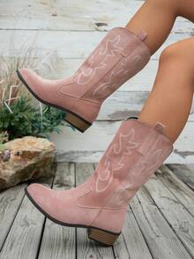 Women's Autumn/Winter Fashion Embroidered Faux Suede Pink Western Boots, Pointed Toe Chunky Heel V-Cut Over-The-Knee Long Boots, Cowboy Boots, Western Style Embroidered Holiday Edition - Pink - View 1