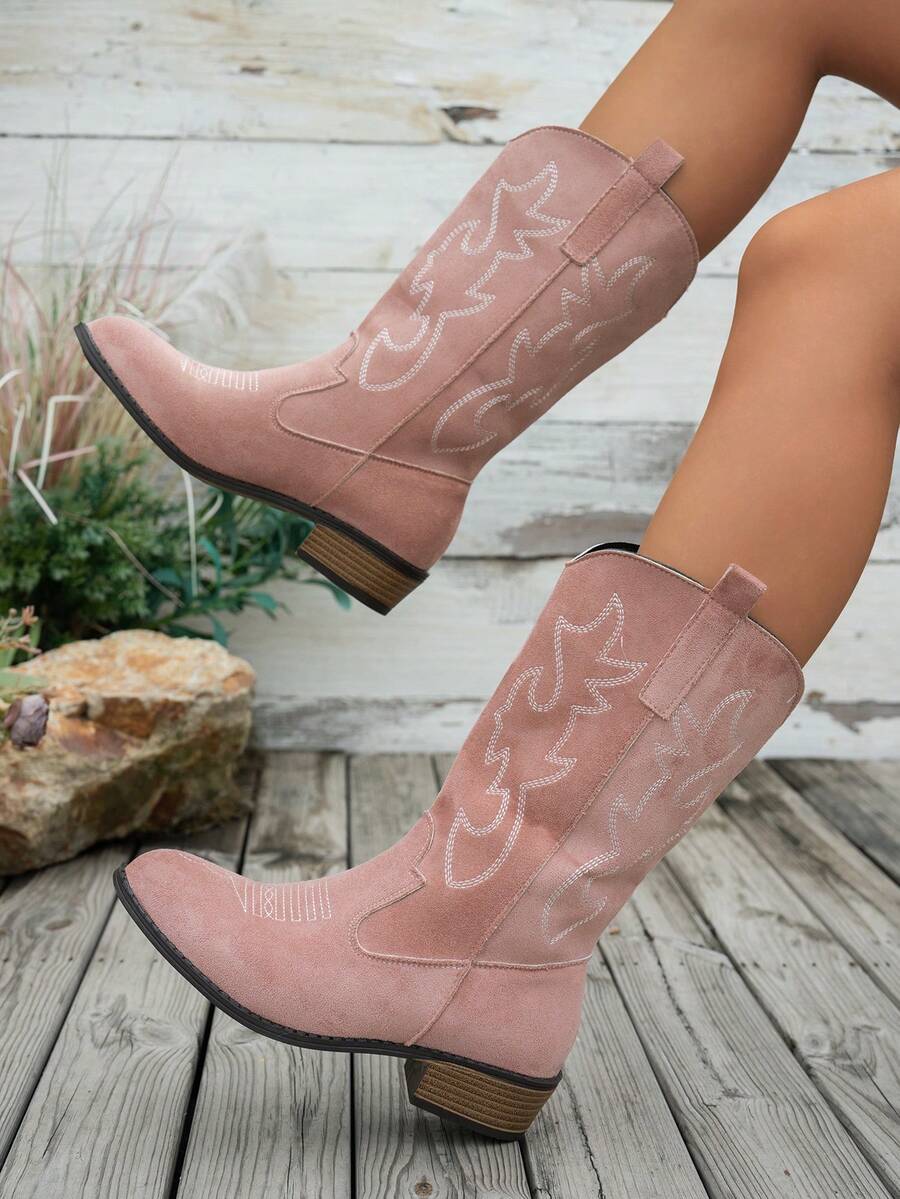 Women's Autumn/Winter Fashion Embroidered Faux Suede Pink Western Boots, Pointed Toe Chunky Heel V-Cut Over-The-Knee Long Boots, Cowboy Boots, Western Style Embroidered Holiday Edition - Pink - View 1