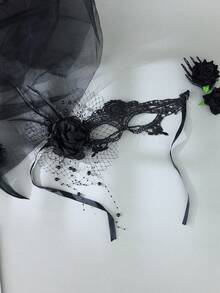 1pc Gothic Black Floral Feather Lace Mask With Beaded Tassels, Suitable For Halloween Costume Party - Black Flowers - View 3