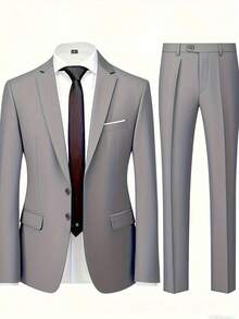 Men's Solid Color Slim Fit Casual Business Versatile Suit Set, Formal Fashion Party Wedding Ball 2 Pieces Set - Grey - View 2