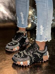 LiangJingJing Zapatos casuales rosas para mujer con patchwork de bloques de color, estilo de fiesta de moda, adornos de cristales artificiales, lentejuelas y gemas, zapatillas deportivas brillantes, adecuadas para gimnasio, exterior, todas las estaciones - Negro - Ver 4