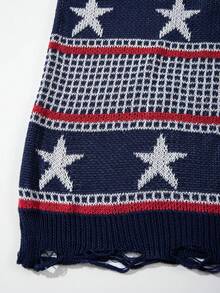 ANDREILEE Men's Knitted Top With Distressed Hem And Pentagram, High Street Fashion Casual Crew Neck Short Sleeve Loose Sweater, Spring/Summer Back To School T-Shirt - Blue - View 6