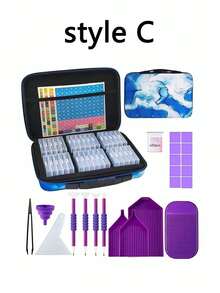 鑽石畫工具套裝附便攜收納盒，幾何彩色風格，含收納罐、鑽石筆、托盤、完整補充組，適合成人手工愛好者，居家與旅行創意使用 - A - 查看 12