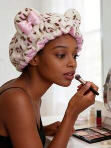 Women Cute Leopard Bear Ear Satin Lined Sleep Bonnet, Soft Plush Hair Wrap Cap For Curly Natural Hair Night Care - Multicolor 1pc - View 2