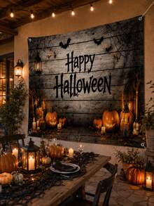 1pc Happy Halloween Backdrop, Pumpkin, Bat, Spider Web, Lantern And Rustic Wood Plank Print Polyester Rectangular Background Cloth With 4 Grommets For Living Room, Photo Booth, Haunted House, Party And Fall Decor - Multicolor - View 9