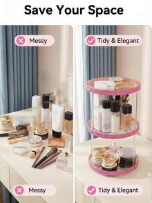 1 pieza Organizador de maquillaje multifuncional con decoración de diamantes de imitación y rotación de 360°, estante de almacenamiento de cosméticos con rotación de 360° y diamantes de imitación, organizador de tocador y cuidado de la piel de doble capa, bandeja de almacenamiento giratoria con diamantes de imitación rosa brillante y estilo femenino, organizador de escritorio de gran capacidad para cuidado de la piel, lápiz labial y maquillaje - Multicolor - Ver 9