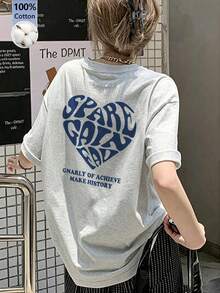 Women's Casual Round Neck Letter & Heart Print Loose Fit Short Sleeve T-Shirt, Versatile For Spring/Summer - Light Gray - View 6