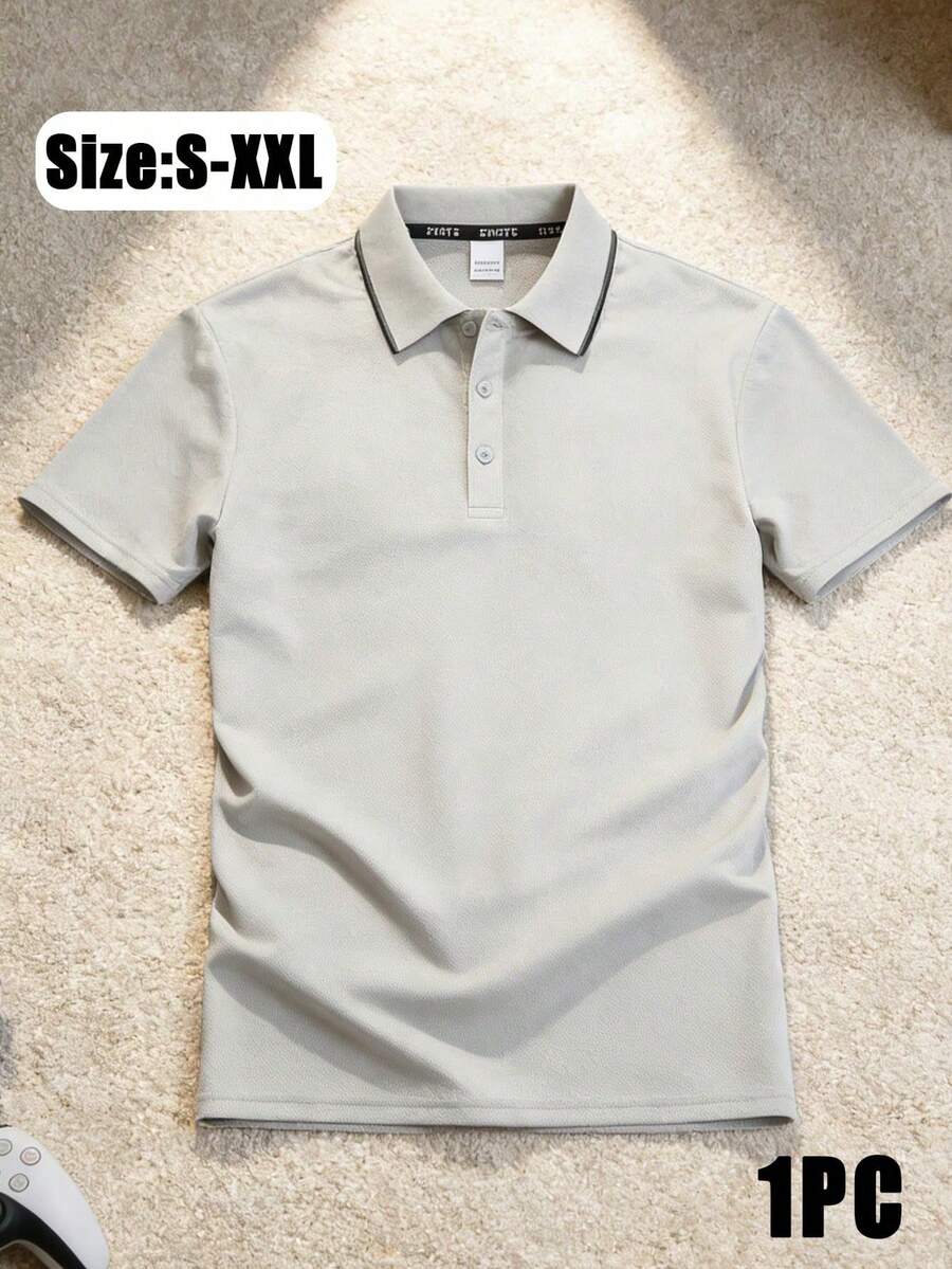 1pc Regular Fit Short Sleeve Breathable Contrast Collar Light Gray Pique Fabric Wrinkle-Resistant Business Casual Polo Shirt Sports Summer - Light Grey - View 1