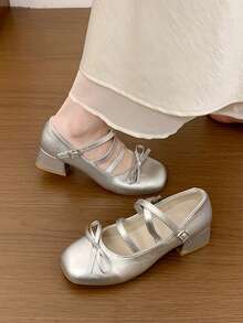Sapatos de Salto Alto Femininos, Sapatos Mary Jane de Salto Grosso com Bico Quadrado em Verniz Brilhante, Estilo Europeu e Americano, Escritório, Reunião de Negócios, Café, Chá da Tarde, Primavera, Prata, Retrô, Elegante, Confortável, Uso Externo - Prata - Visão 4